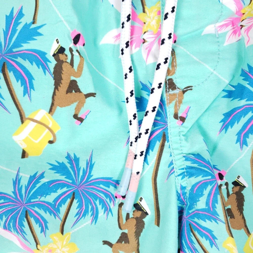 Party Pants Swim Trunks Mens M Aqua Tropical Monkey Palm Tree Beach Party Shorts - Picture 4 of 16